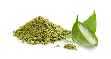 Matcha tea powder with green tea leaves on white background