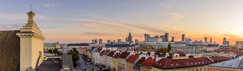 Fototapeta na wymiar Cityscape of Warsaw, Poland. Wide panoramic view of St. Anne's Church and the center of Warsaw