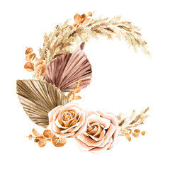 Boho wreath of dried flowers, palm leaves and pampas grass. Hand drawn watercolor illustration isolated on white background