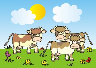 Herd of cows on pasture, funny vector illustration