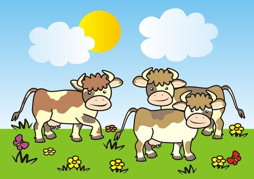 Herd of cows on pasture, funny vector illustration © janista