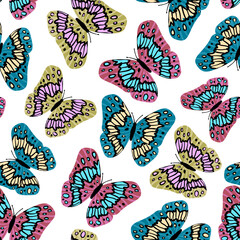 Seamless pattern. Colorful butterflies in flat modern style. Hand drawn vector illustration. Isolated on white background. Texture for print, fabric, textile, wallpaper.