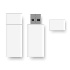 Realistic white USB flash disk with cap. Vector