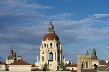 Fototapeta na wymiar Image showing the Pasadena City Hall towers and surrounding buildings. Pasadena is located in Los Angeles County.