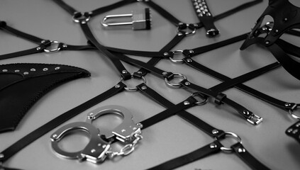 Set of erotic toys for BDSM. The game of sexual slavery with a whip, gag and leather blindfold....