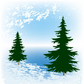 Winter landscape, fir trees, snow, clouds in grunge style - bright day - vector.