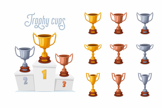 Trophy cups on a podium. Gold, silver, and bronze winner prize cups set with different shapes - 1st, 2nd, and 3rd place trophies on a white pedestal. Cartoon style vector illustration