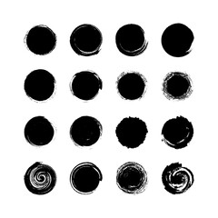 Black ink watercolor shapes. Circles hand painted set.