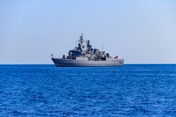 Obraz premium Turkish navy warship sailing in the Mediterranean sea. Protection of water borders of Turkey