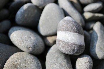 smooth and beautiful pebbles on the beach in the sunlight close up