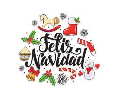 Merry Christmas 2021 vector illustration. hand-written lettering. Feliz navidad design graphics for brochures, gift cards, flyers and postcards. translated from Spanish: Merry Christmas