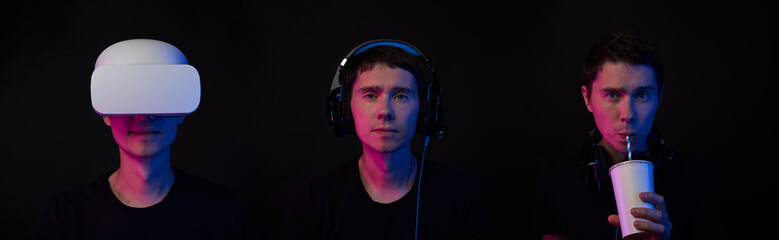 Portrait of gamer in VR, in gaming garniture and in snack break. Concept of I don't see, I don't hear, I don't speak.