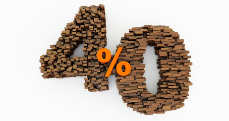 concept of wooden bricks that build up to form the 40% off,.promotion symbol, wooden 40 percent on white background. 3d render