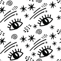 Mystical pattern with eye and stars. Vector seamless textured pattern. Hand drawn repeat background with eyes. Cute fabric design.