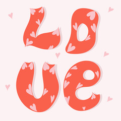 Word love hand drawn vector illustration  with hearts isolated on  pink background