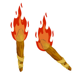 Torch and flame. Wooden stick with fire. Lighting element. Old primitive tool. Flat cartoon illustration