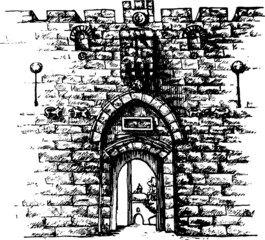 Naklejka premium vector hand drawn sketchy image of jerusalem gate. Wall made of stones. walkway to the old city center 