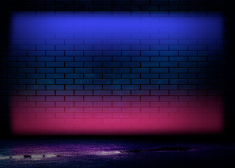 Dark brick wall, blue neon light. Rays and glare of light in the dark. Night view of a dark street, abstract projection on an empty wall.