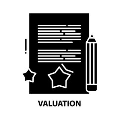 valuation icon, black vector sign with editable strokes, concept illustration