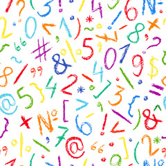 Crayon number pattern. Hand drawn wax crayons art on white background. Isolated chalk style  numbers and signs print. Children drawing style color number collection. Bright colorful crayon symbols.
