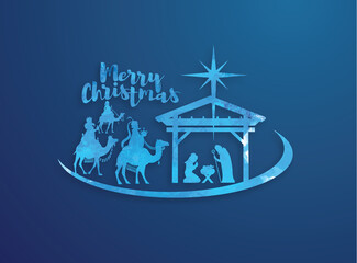 Naklejka premium vector illustration Birth of Christ, baby Jesus reaching the Magi bear gifts, three wise kings and star of bethlehem, nativity christmas graphics design elements