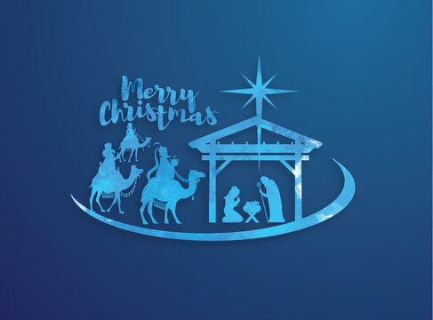 vector illustration Birth of Christ, baby Jesus reaching the Magi bear gifts, three wise kings and star of bethlehem, nativity christmas graphics design elements