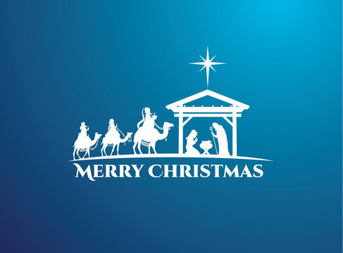 vector illustration Birth of Christ, baby Jesus reaching the Magi bear gifts, three wise kings and star of bethlehem, nativity christmas graphics design elements