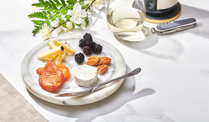 Charcuterie Plate in Modern Marble Props with White Wine