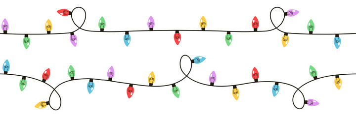 Christmas lights set on white background. Garlands with colored bulbs. Vecto © 210484kate