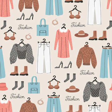 Colorful seamless pattern with women's clothes, accessories, shoes, underwear, hats, jewelry. Background on the theme of fashion, style, female wardrobe, design, shopping