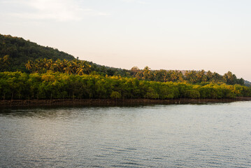 Obraz premium View of the landscape and Interiors from a boathouse drive in Charpora Goa. Exotic tourism in Goa.
