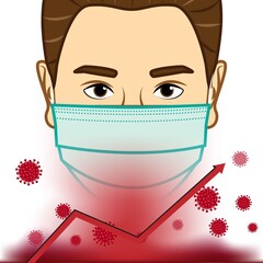 Vector illustration of Coronavirus second wave concept. Man wearing face mask protecting himself, prevention and precautions of disease, Covid-19 pathogen impact.