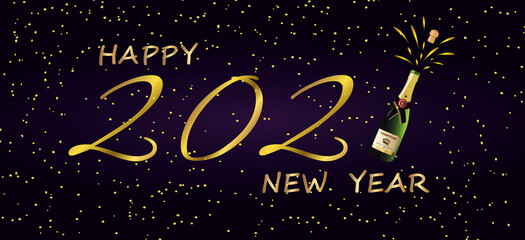 Golden Happy 2021 New Year,golden confetti,champagne on a dark background.Holiday vector illustration.Graphic element for banner,greeting cards,invitation,poster or website. 