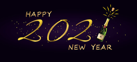 Golden Happy 2021 New Year,golden confetti,champagne on a dark background.Holiday vector illustration.Graphic element for banner,greeting cards,invitation,poster or website. 