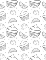 Seamless repeating pattern of cupcake, chocolate candy with nuts and candied fruit. Hand drawn contour sketch.