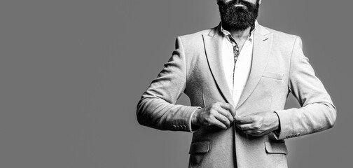 Man in suit. Male beard and mustache. Elegant man in business suit. Handsome bearded businessman in...
