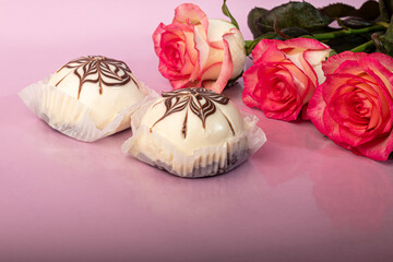 Cakes with chocolate and curd layer. Two portions. On a pink background. Birthday, holidays, sweets.