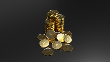 Bitcoins stack shine  on dark background