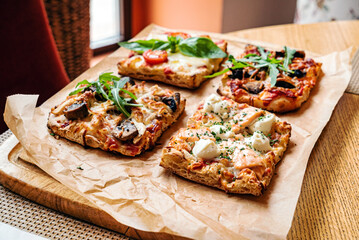 slice of italian pizza in the pizzeria