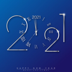 2021 Happy New Year text design with silver clock. Vector.