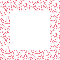 Fototapeta na wymiar Heart border frame design background, hand drawn red outlined hearts in a square surround. Vector template illustration. 