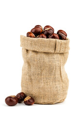 fresh chestnuts in a bag isolated on a white background.