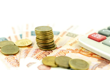 Russian money and calculator, concept of taxes and utility payments