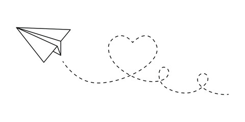 Line airplane dotted rout path. Romantic heart dashed trace paper plane flight route. Vector illustration © Yelyzaveta