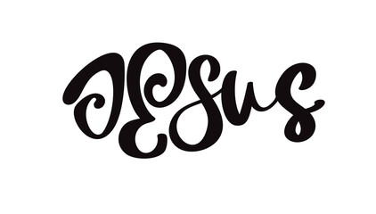 Jesus Christian bible religious churh word. Lettering typography script poster, banner vector design. Jesus with ichthys fish. Hand drawn modern calligraphy text