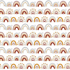 Cute vector rainbow seamless pattern in scandinavian style isolated on white background for kids. Hand drawn cartoon illustration for posters, prints, cards, fabric, children books