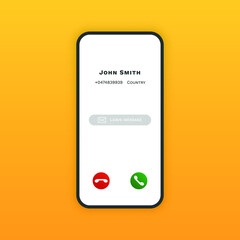 Phone screen incoming call mockup. Mobile interface accept decline buttons slide to answer on yellow background. Vector ui design