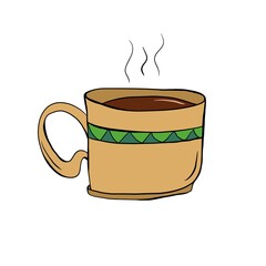 Coffee time. Hot drink. Hand drawn simple cartoon illustration art isolated on background. Cute cup of cappuccino, espresso, chocolate 