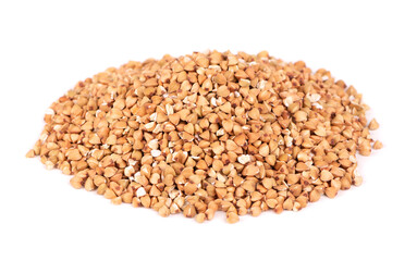 Buckwheat groats isolated on white background. Green buckwheat seeds.