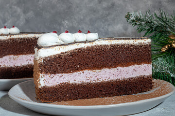 Festive cake with chocolate and crispy interlayer. Two portions. On a gray background. Birthday, holidays, sweets.